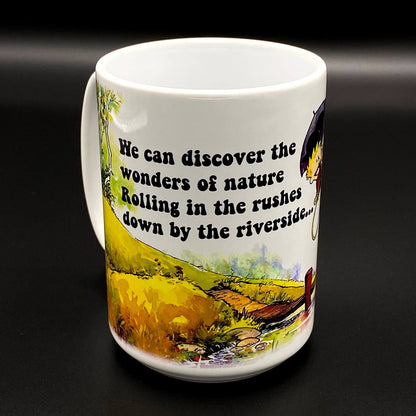 A white ceramic cup with a an image inspired by the Grateful Dead Song